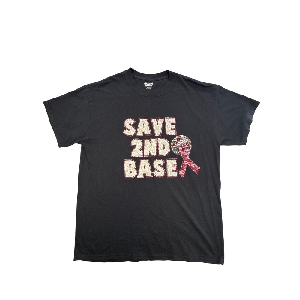 Gildan Save 2nd Base Breast Cancer Awareness Rhinestone Glitter T-Shirt‎ Large